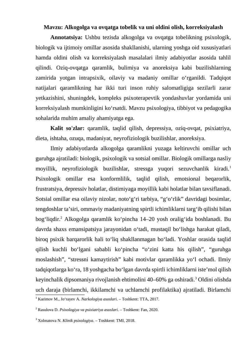 Alkogolga va ovqatga tobelik va uni oldini olish, korreksiyalash 1