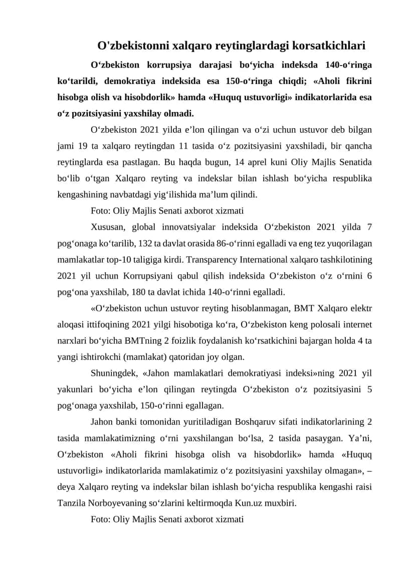 O'zbekistonni xalqaro reytinglardagi korsatkichlari 1