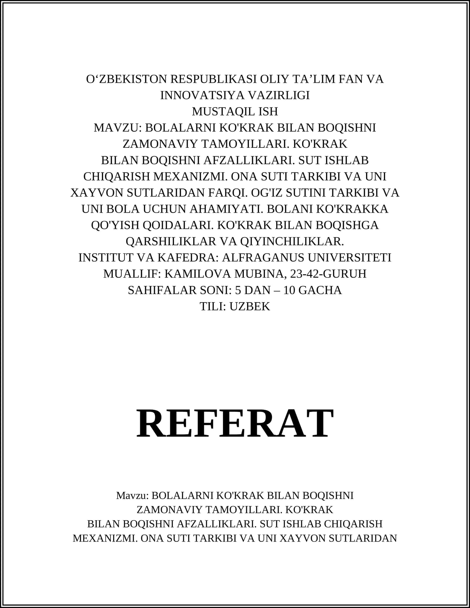 BOLALARNI KO'KRAK BILAN BOQISHNI 1