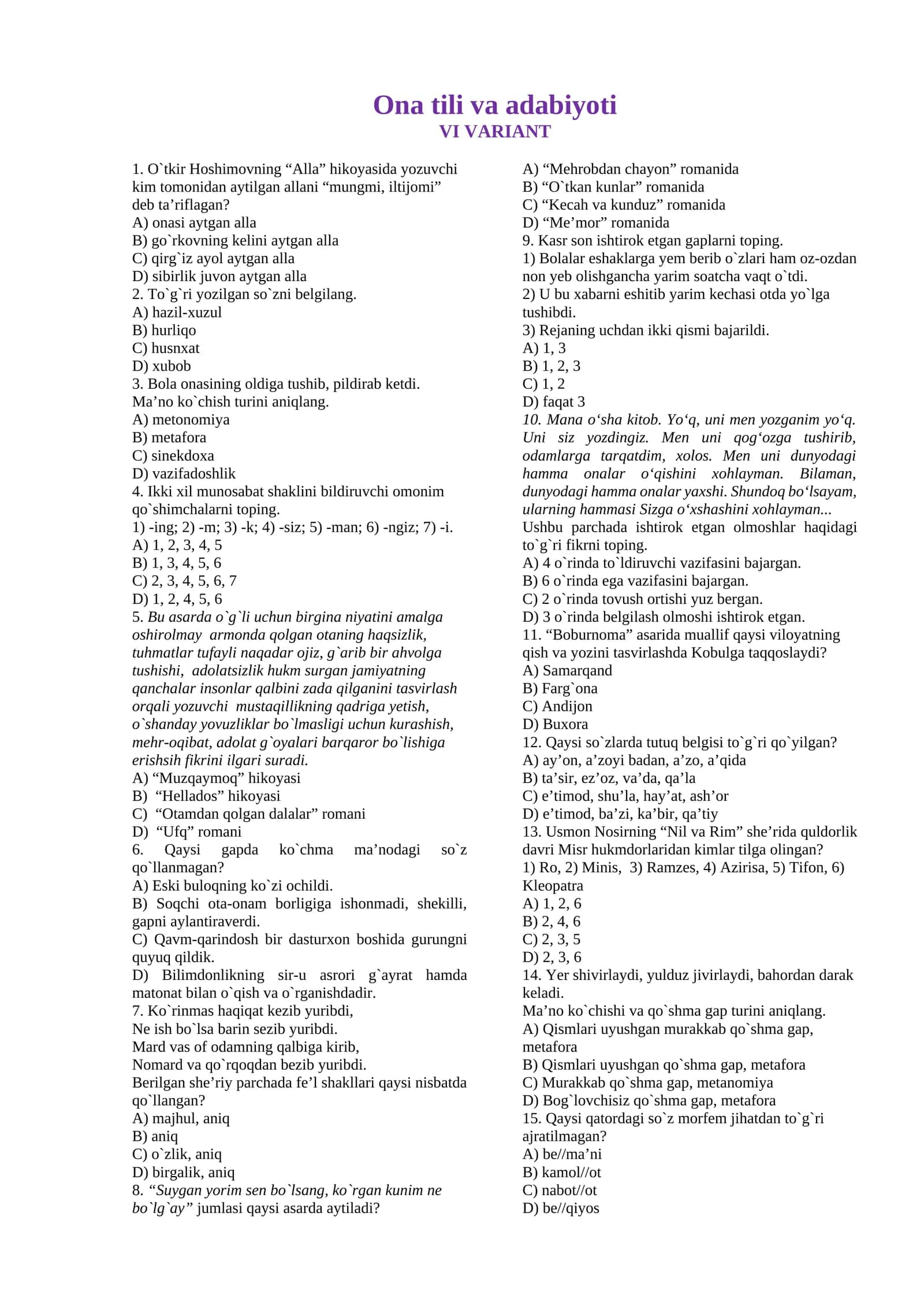 Ona tili va adabiyoti-VI VARIANT 1