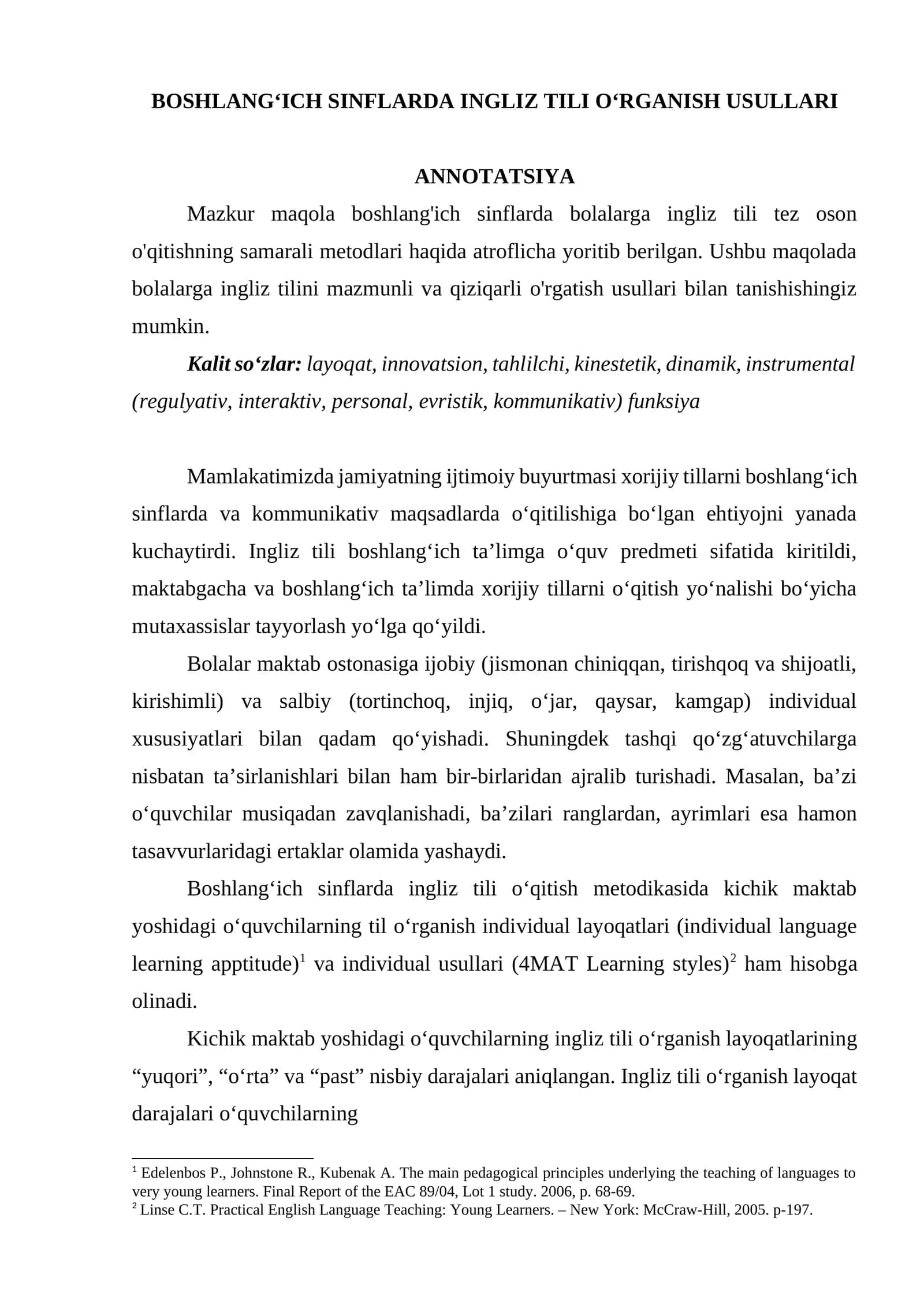 BOSHLANG‘ICH SINFLARDA INGLIZ TILI O‘RGANISH USULLARI 1