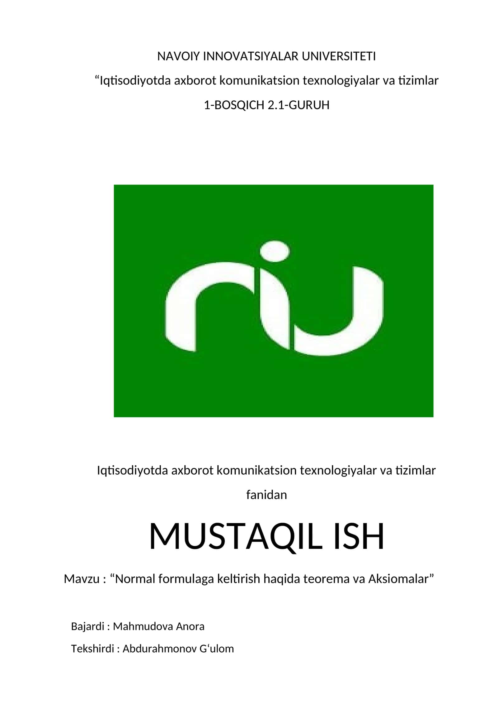 Normal formulaga keltirish haqida teorema va Aksiomalar 1
