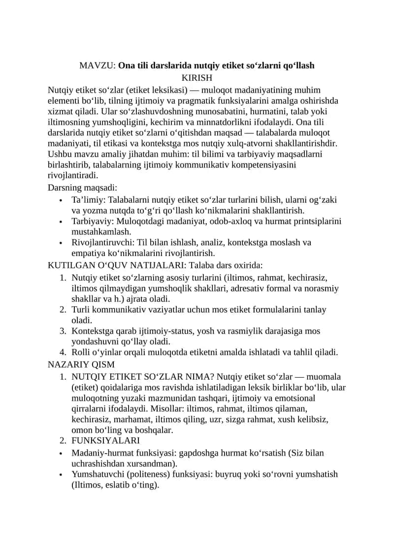 Ona tili darslarida nutqiy etiket soʻzlarni qoʻllash 1