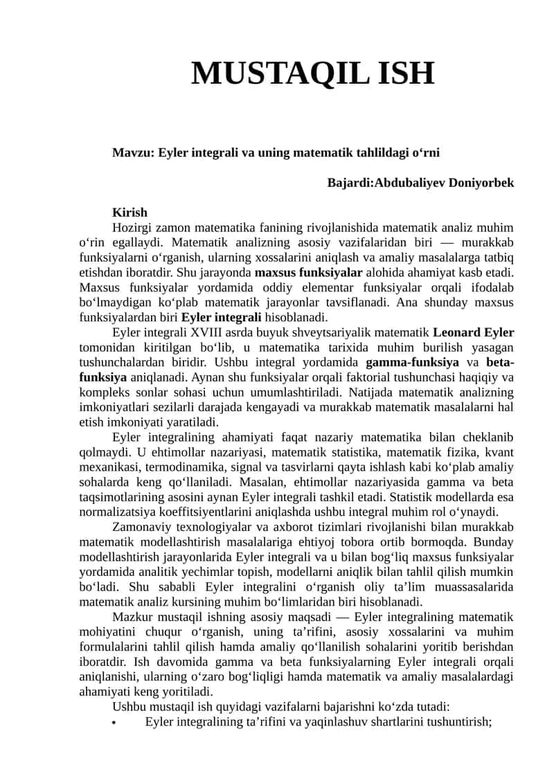 Eyler integrali va uning matematik tahlildagi o‘rni 1