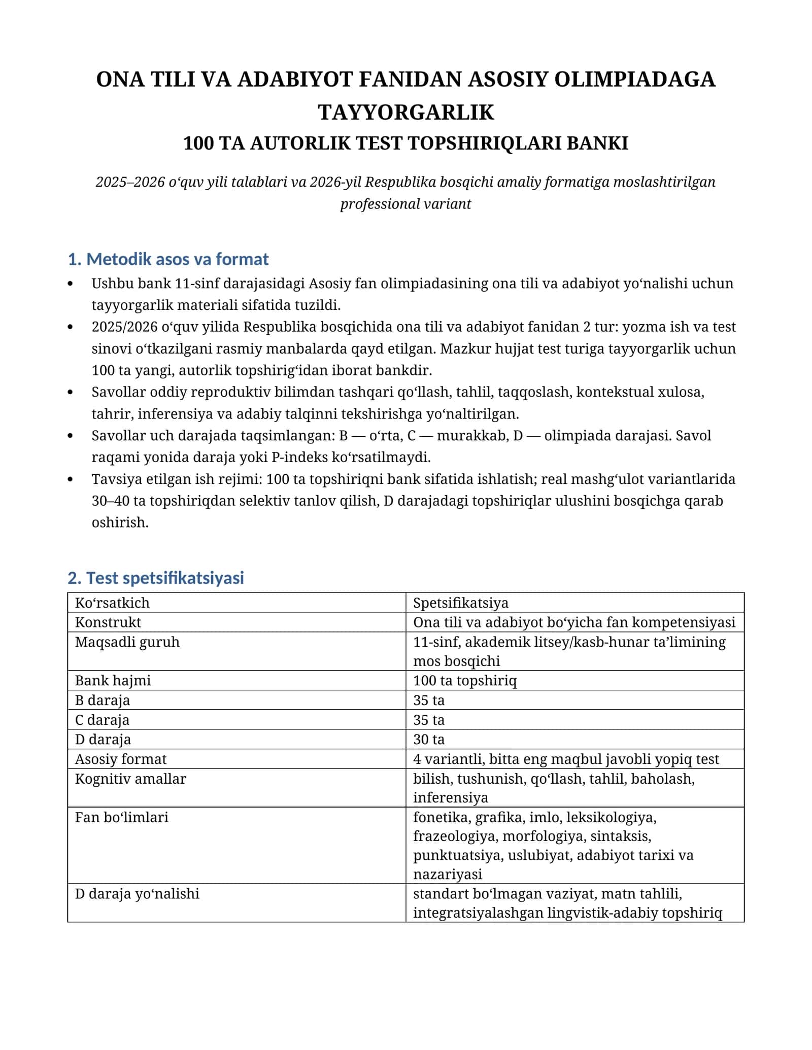 ONA TILI VA ADABIYOT FANIDAN ASOSIY OLIMPIADAGA TAYYORGARLIK 100 TA  TEST TOPSHIRIQLARI BANKI 1