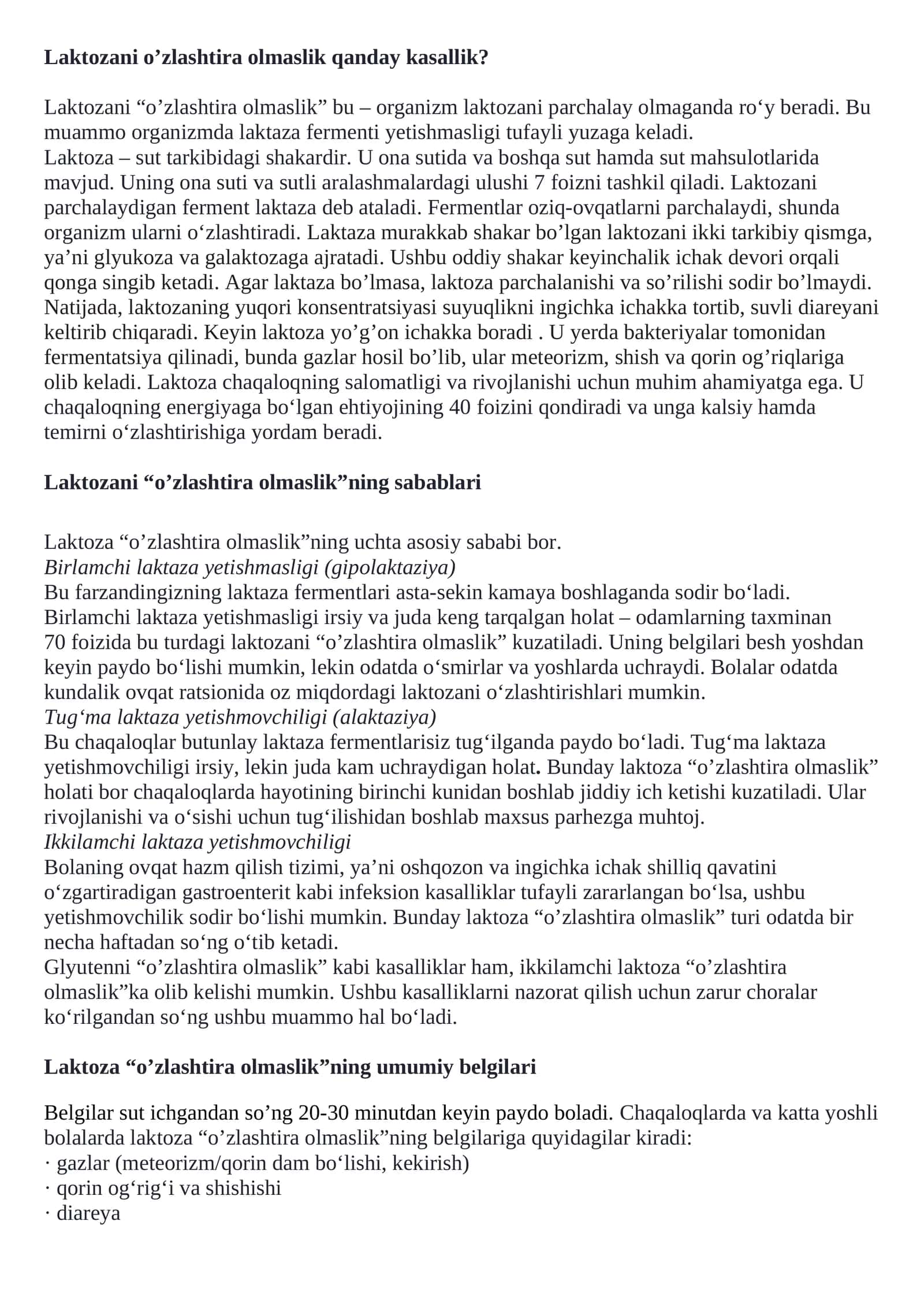 Laktozani o’zlashtira olmaslik qanday kasallik? 1