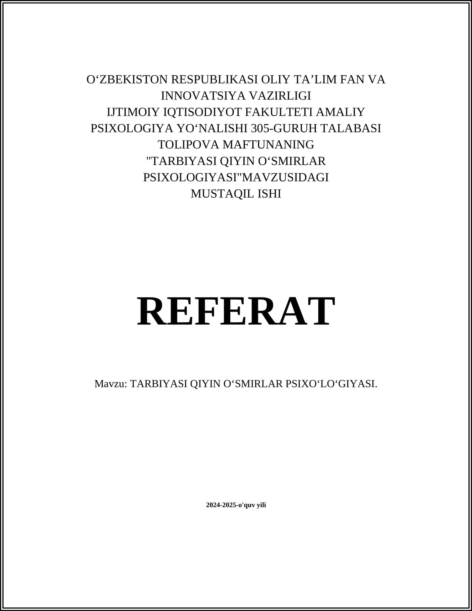 TARBIYASI QIYIN OʻSMIRLAR PSIXOʻLOʻGIYASI 1