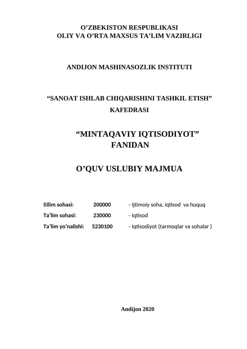 MINTAQAVIY IQTISODIYOT FANIDAN O’QUV USLUBIY MAJMUA 1