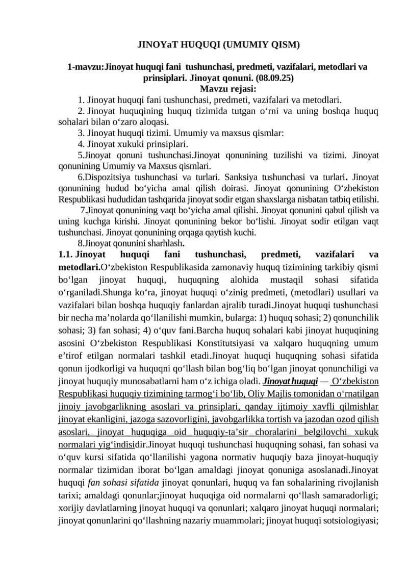 JINOYaT HUQUQI (UMUMIY QISM) 1