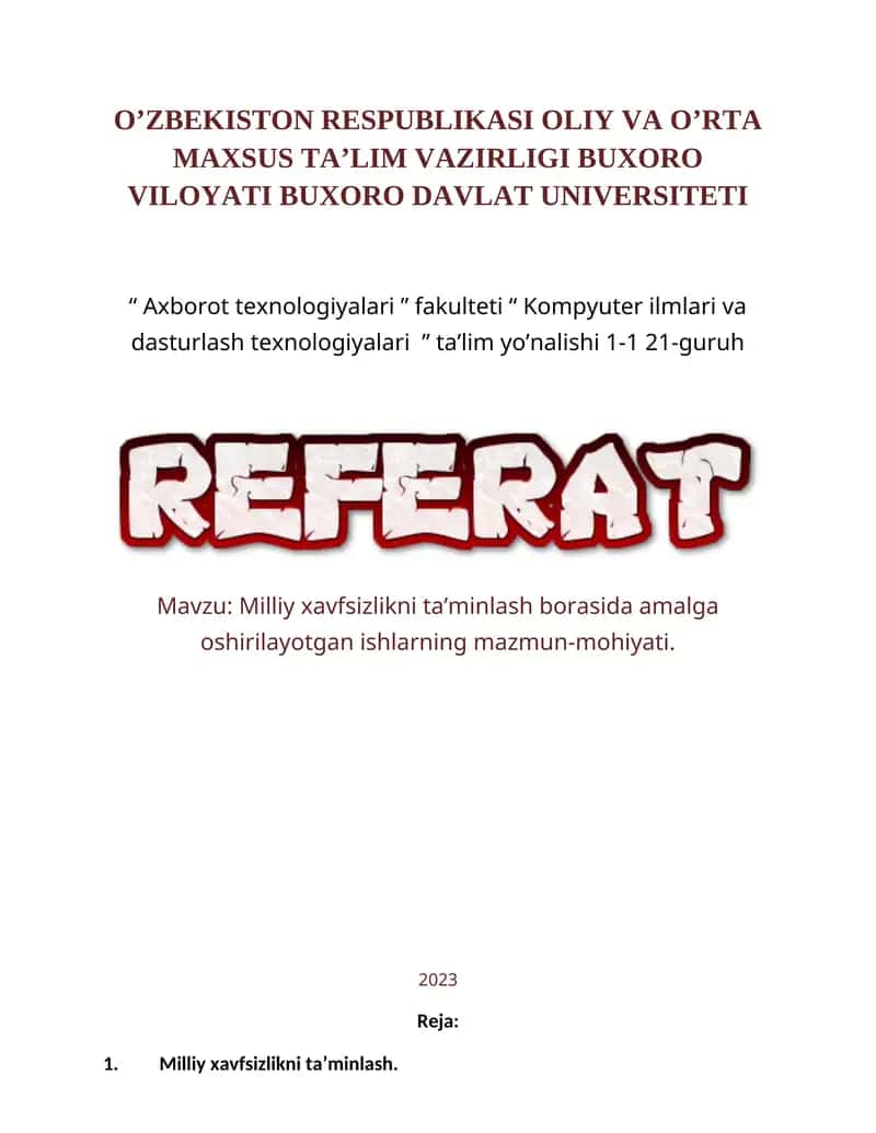 Milliy xavfsizlikni ta’minlash borasida amalga oshirilayotgan ishlarning mazmun-mohiyati 1