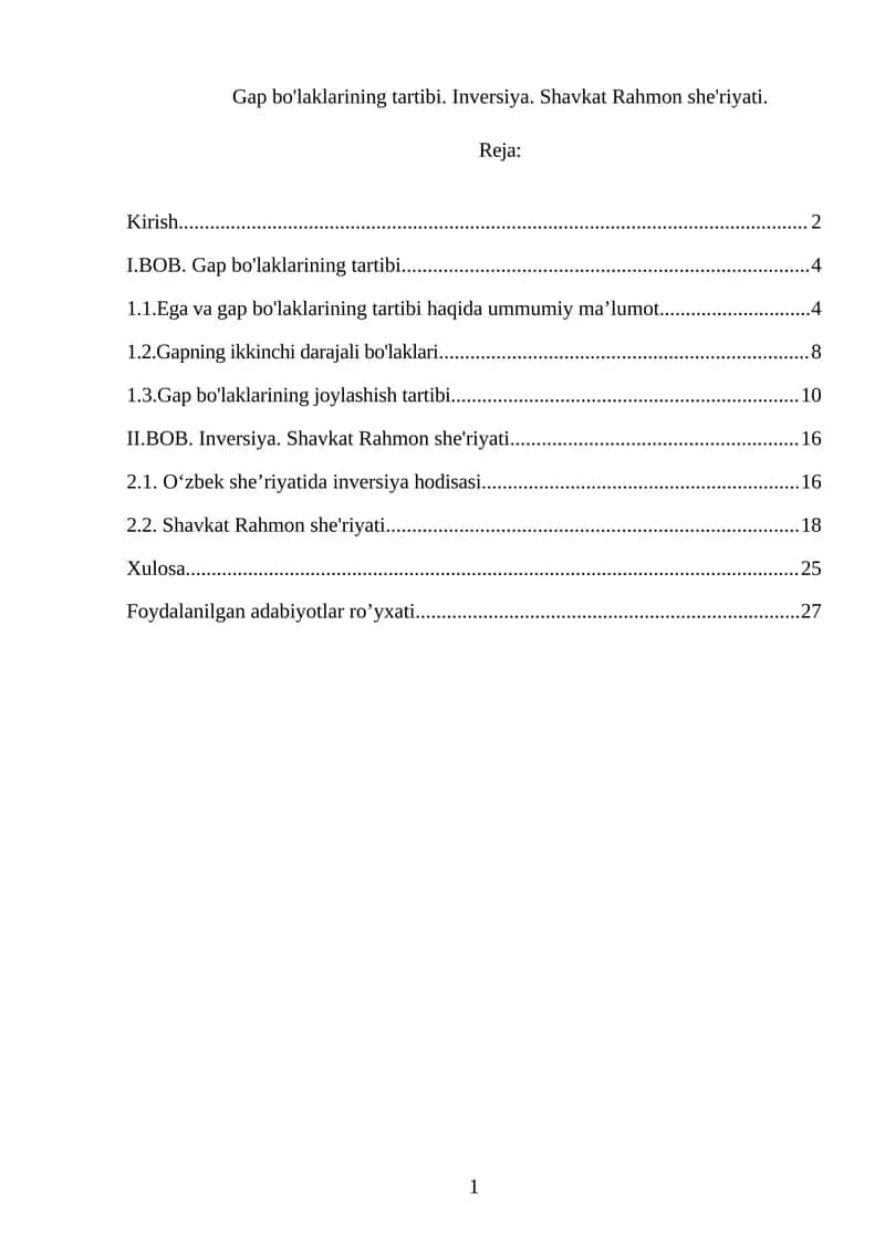 Gap bo'laklarining tartibi. Inversiya. Shavkat Rahmon she'riyati. 1