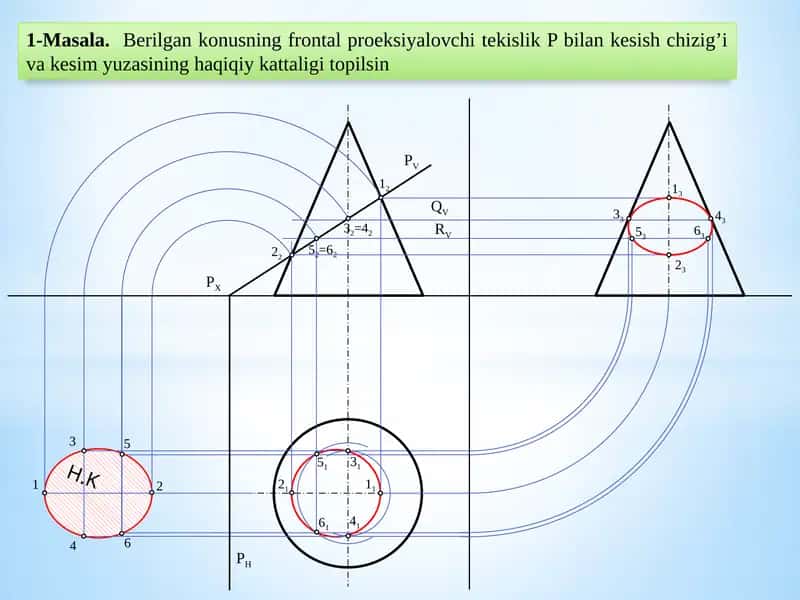 Masala. Berilgan konusning gorizontal proeksiya lovchi tekislik Q bilankesish chizigi va kesim yuzasining haqiqiy kattaligi topilsin 1