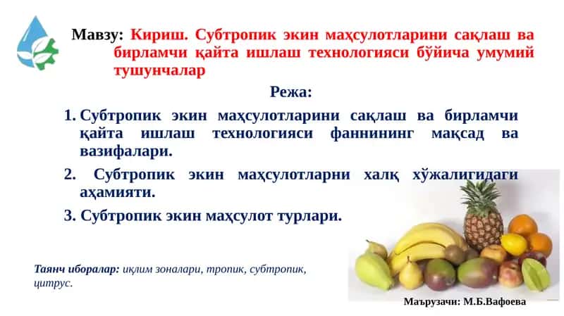 Субтропик экин маҳсулотларини сақлаш ва бирламчи қайта ишлаш технологияси 1