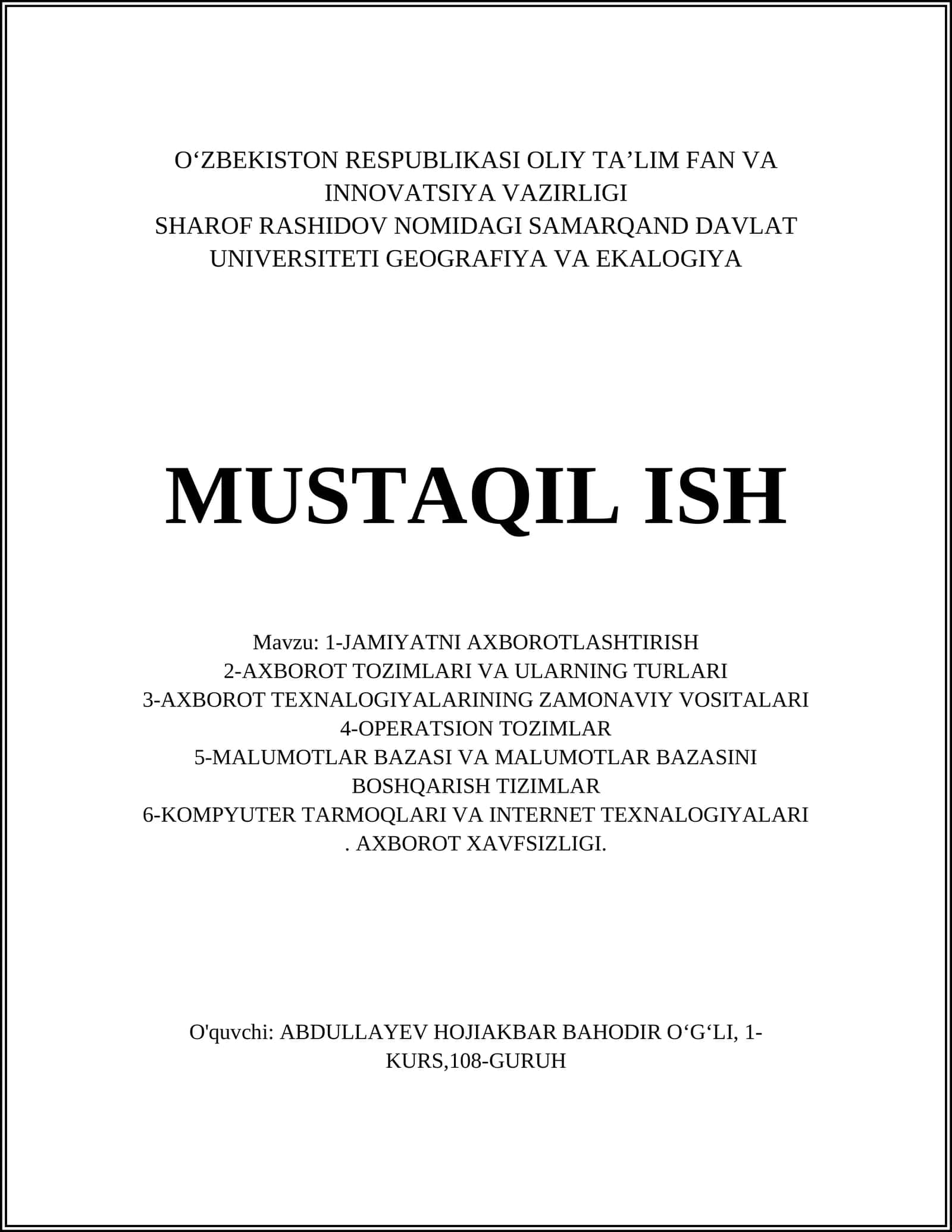 SHAROF RASHIDOV NOMIDAGI SAMARQAND DAVLAT UNIVERSITETI GEOGRAFIYA VA EKALOGIYA MUSTAQIL ISH 1