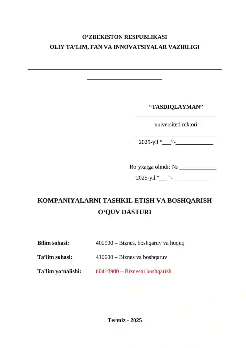 Kompaniyalarni tashkil etish va boshqarish O‘quv Dasturi QS Top - 300 reytingdagi