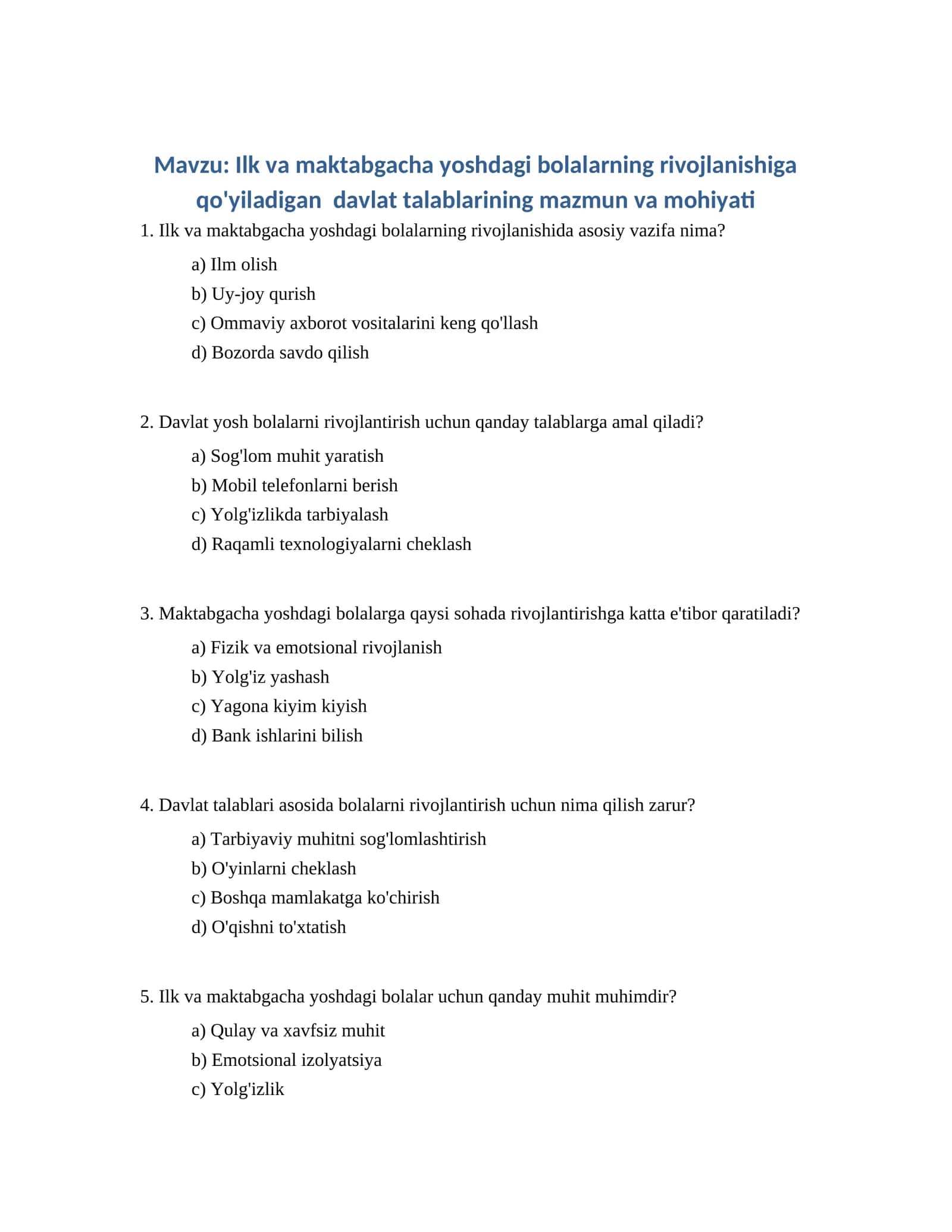 Ilk va maktabgacha yoshdagi bolalarning rivojlanishiga qo'yiladigan davlat talablarining mazmun va mohiyati 1