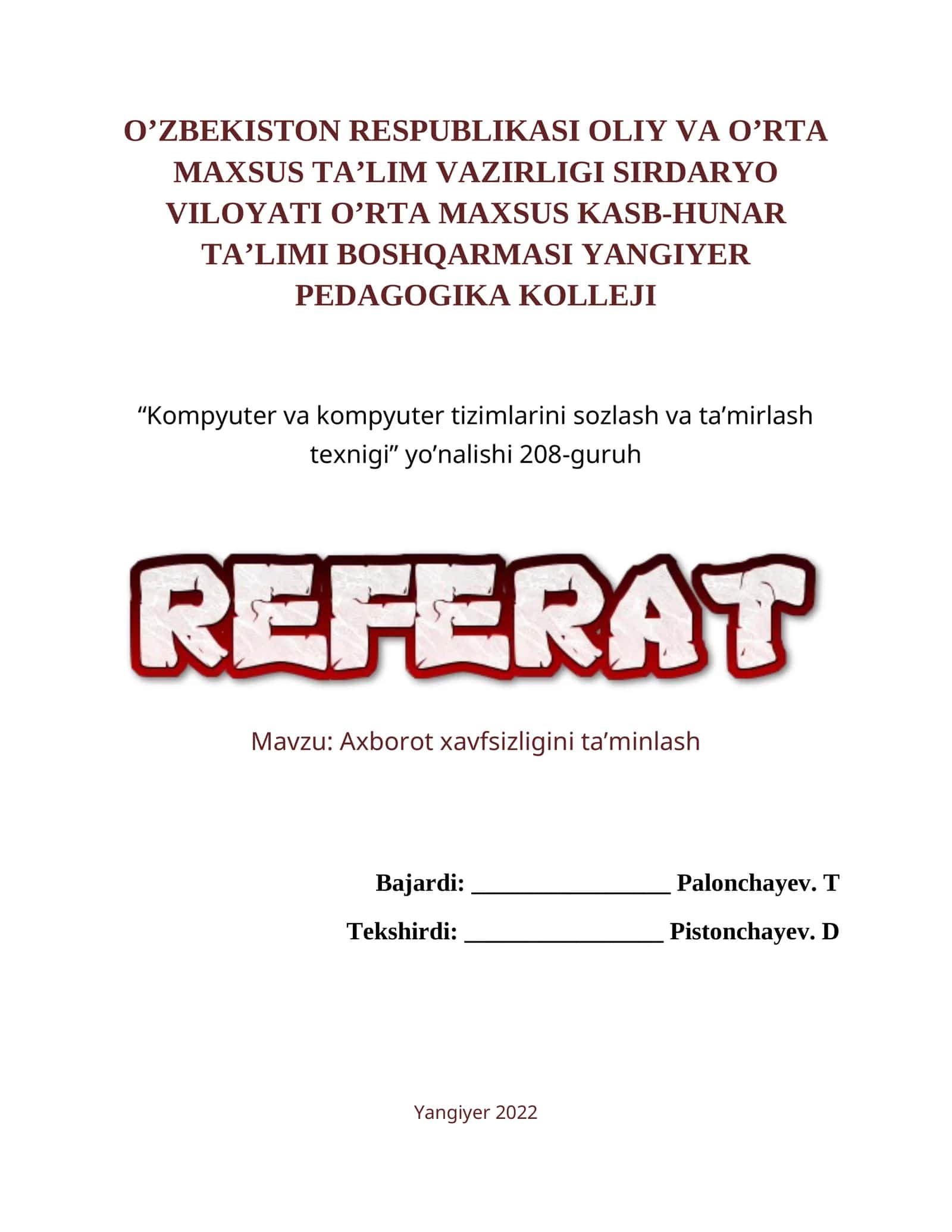 Kompyuter va kompyuter tizimlarini sozlash va ta’mirlash texnigi 1