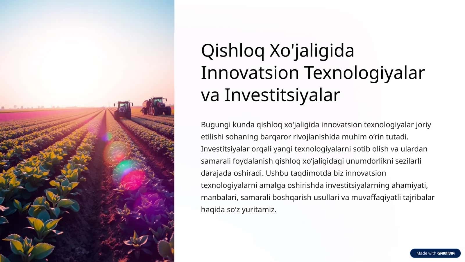Qishloq Xo'jaligida Innovatsion Texnologiyalar va Investitsiyalar 1