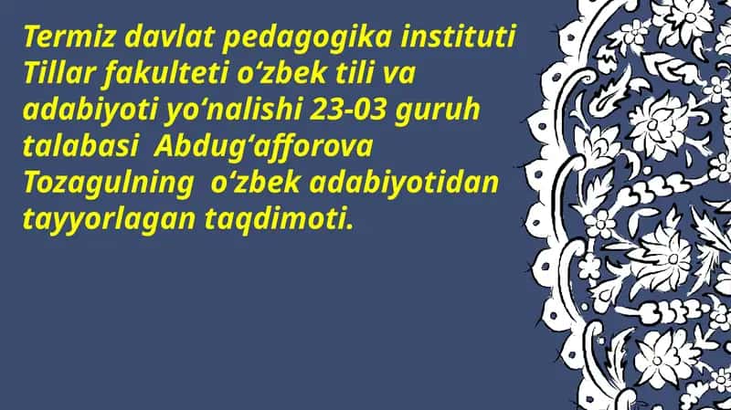 Abdugʻafforova Tozagulning oʻzbek adabiyotidan taʼyinlagan taqdimot 1