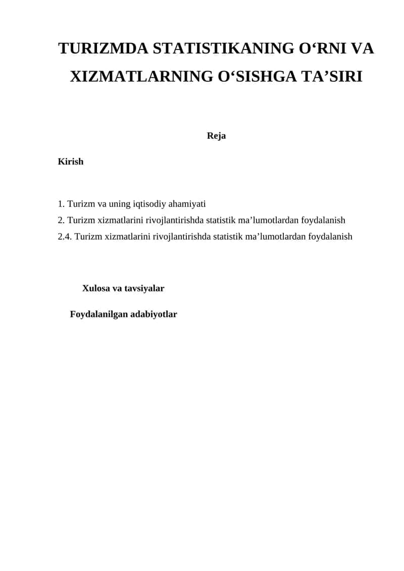 Turizmda statistikaning o‘rni va xizmatlarning o‘sishga ta’siri 1