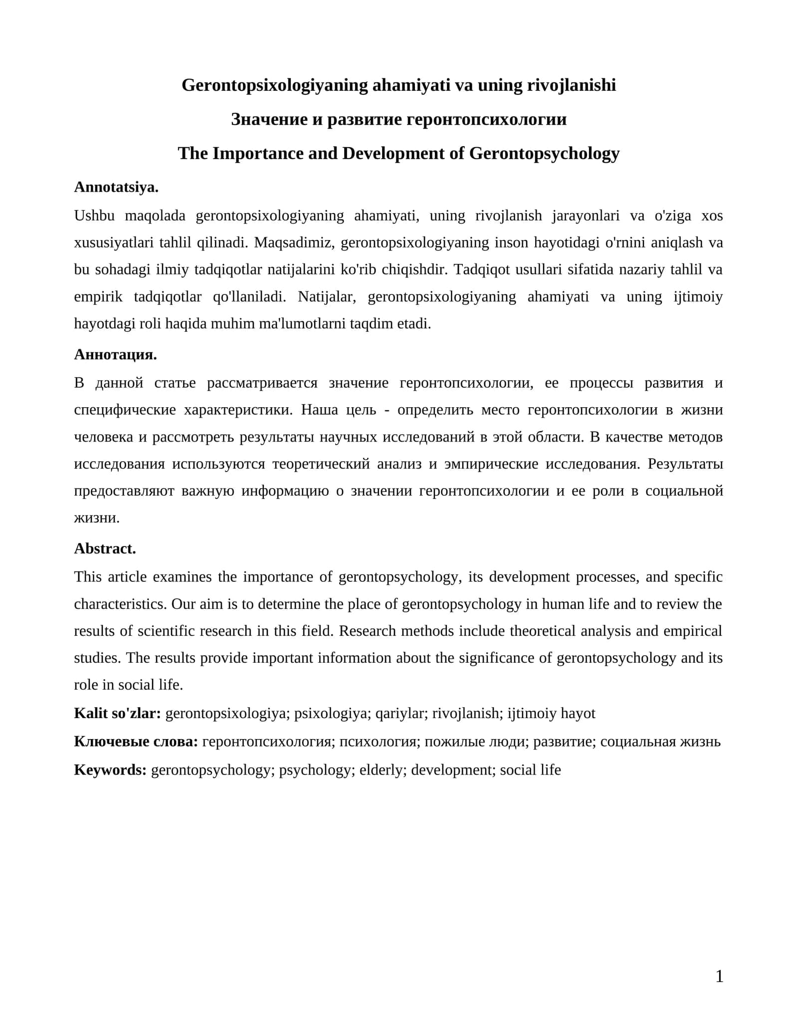 Gerontopsixologiyaning ahamiyati va uning rivojlanishi 1