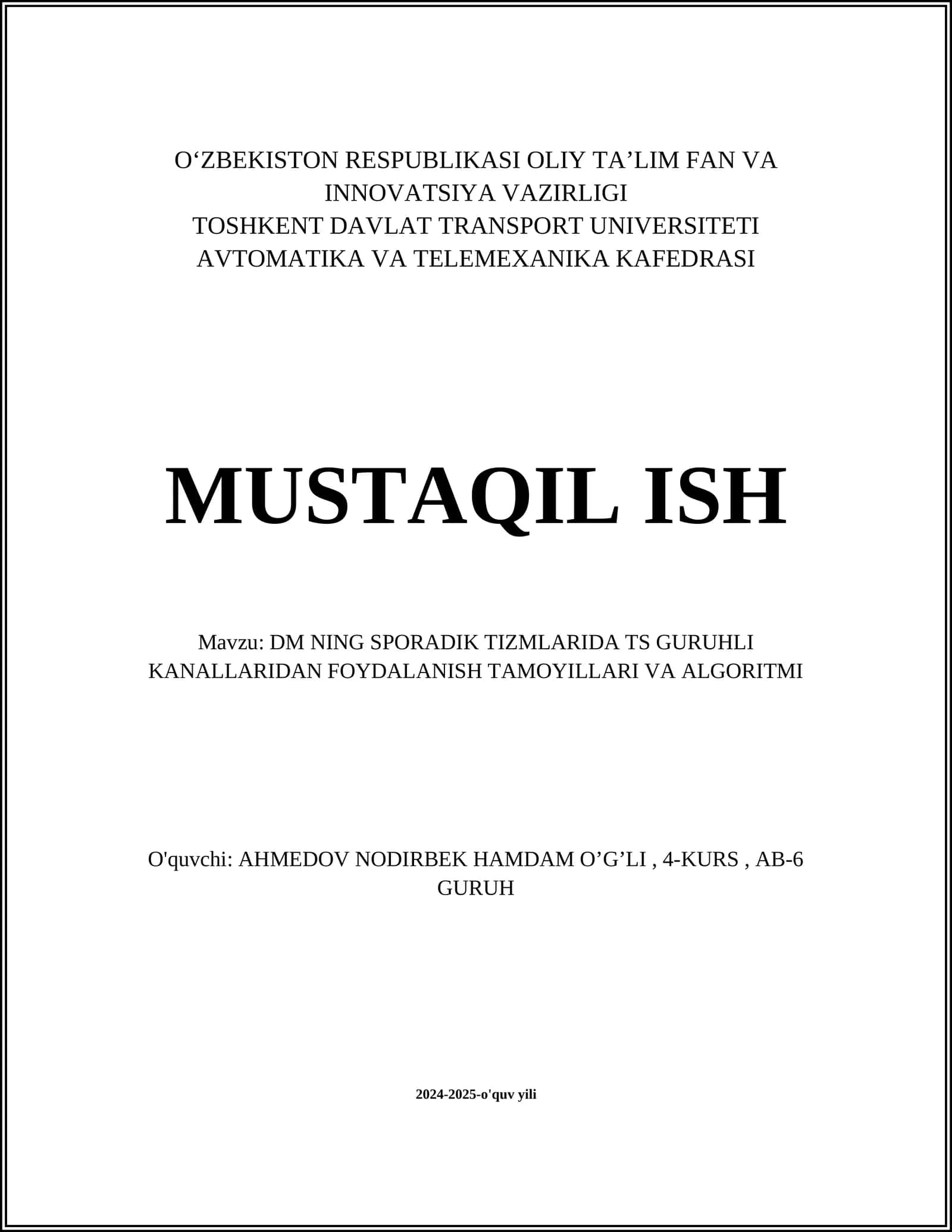 DM NING SPORADIK TIZMLARIDA TS GURUHLI KANALLARIDAN FOYDALANISH TAMOYILLARI VA ALGORITMI 1