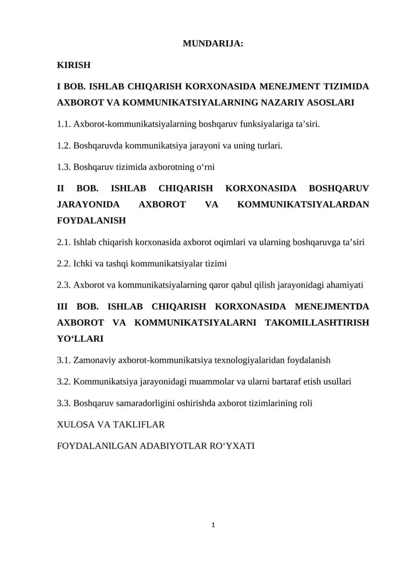 ISHLAB CHIQARISH KORXONASIDA MENEJMENT TIZIMIDA AXBOROT VA KOMMUNIKATSIYALARNING NAZARIY ASOSLARI 1