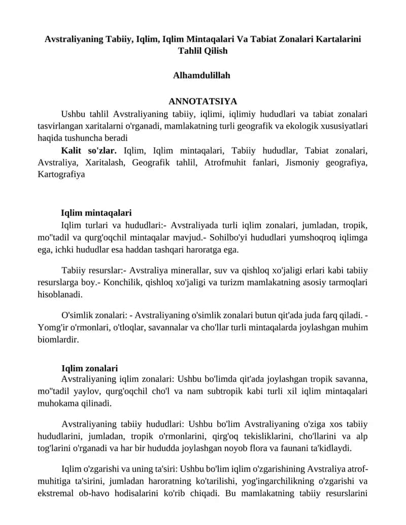 Avstraliyaning Tabiiy, Iqlim, Iqlim Mintaqalari Va Tabiat Zonalari Kartalarini Tahlil Qilish 1