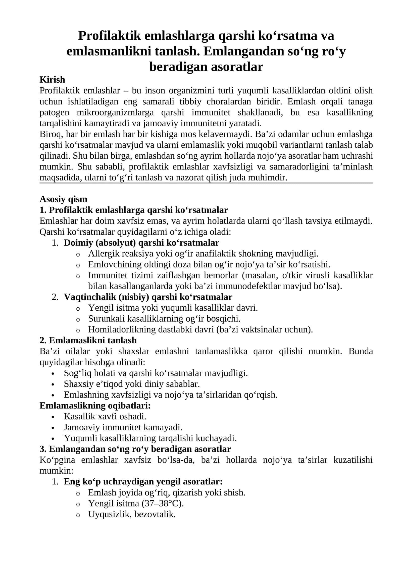 Profilaktik emlashlarga qarshi ko‘rsatma va emlasmanlikni tanlash 1