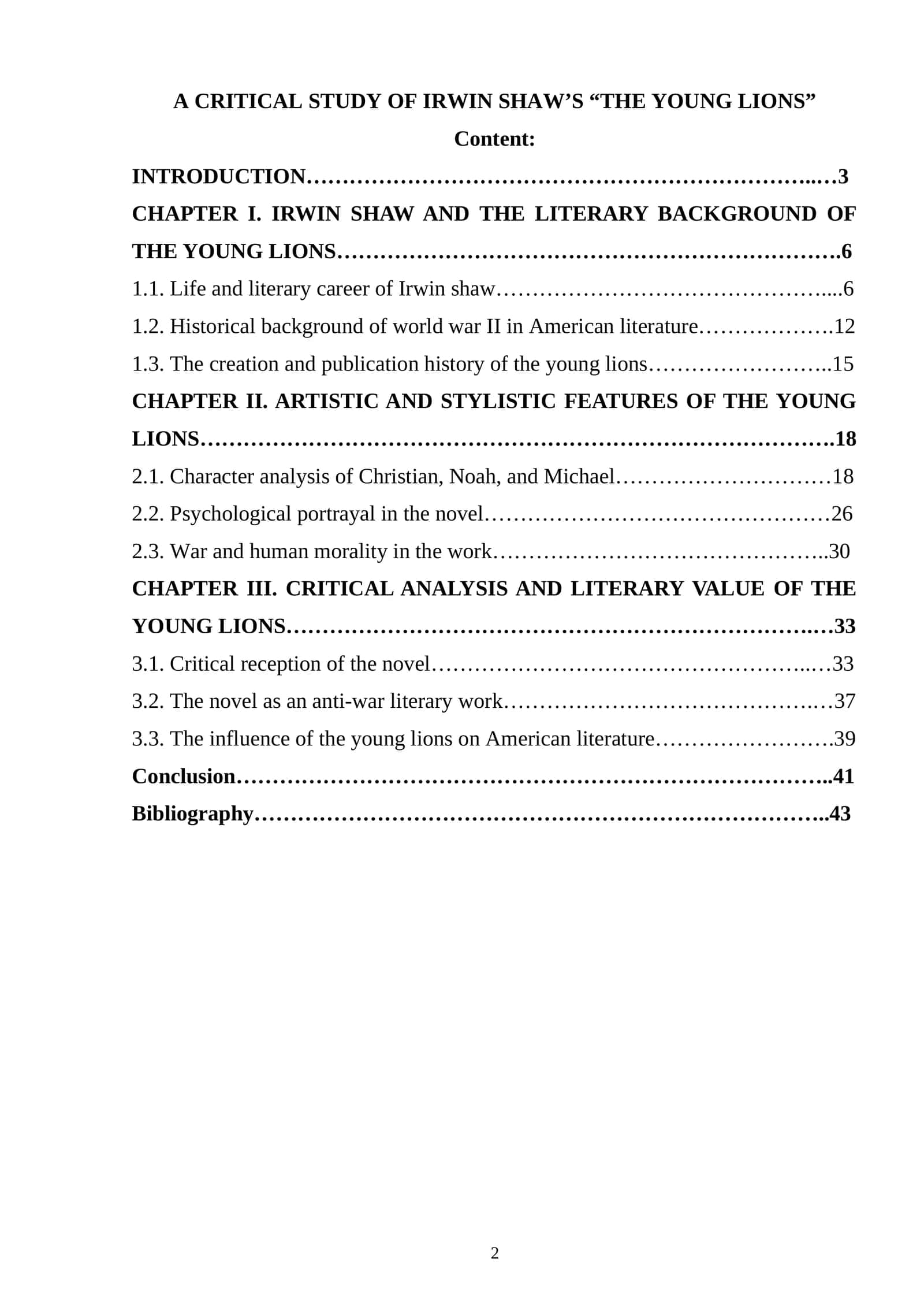 CRITICAL STUDY OF IRWIN SHAW'S “THE YOUNG LIONS” 1