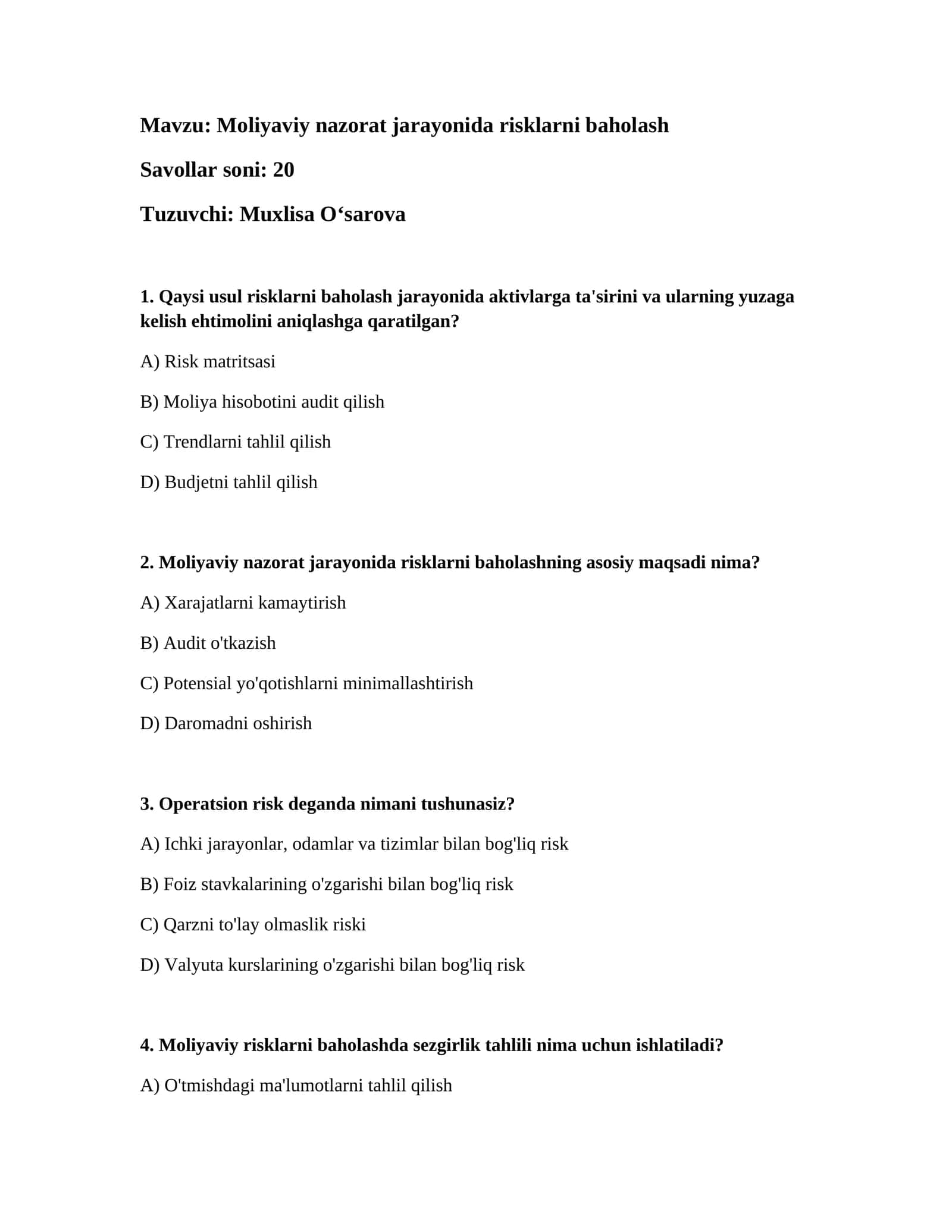 Moliyaviy nazorat jarayonida risklarni baholash 1