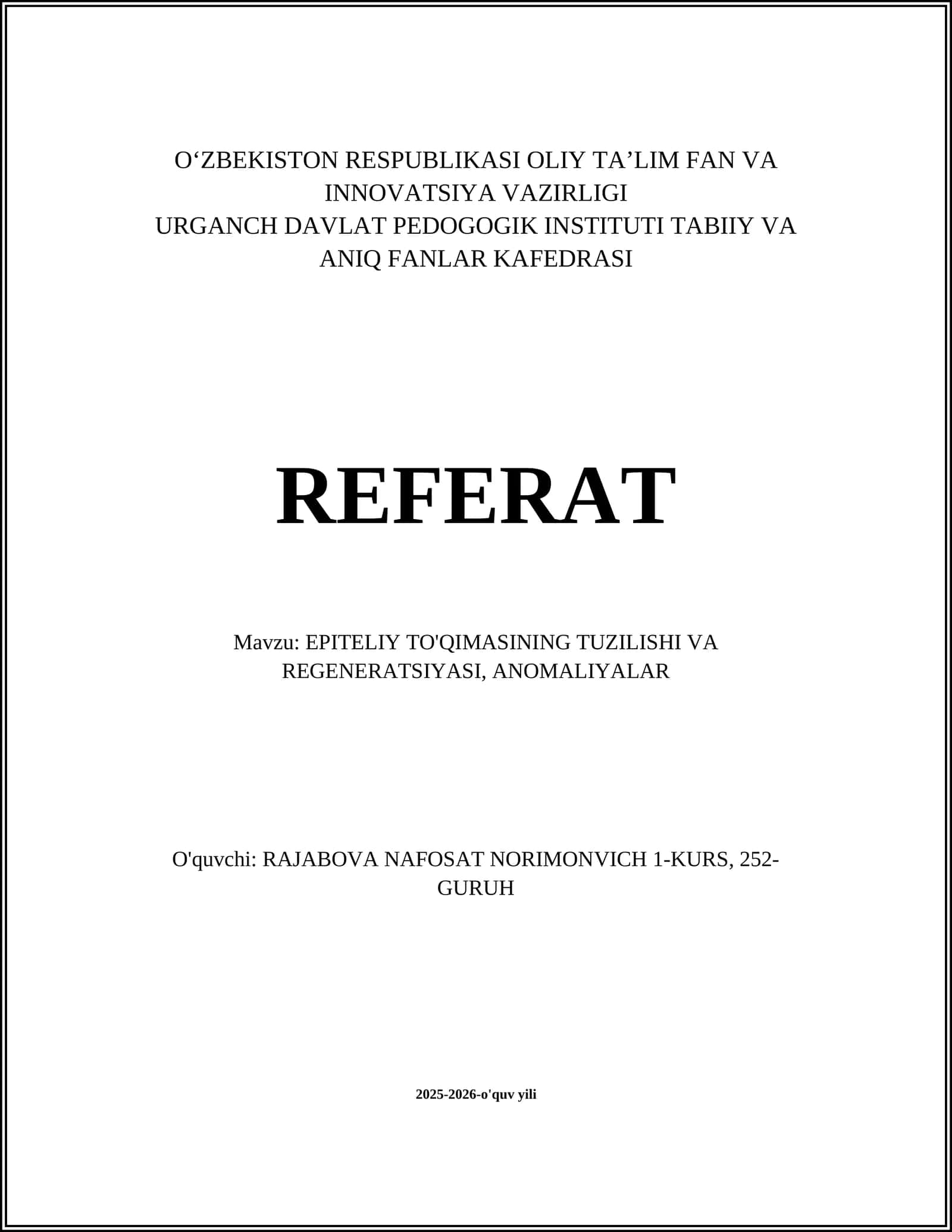 EPITELIY TO'QIMASINING TUZILISHI VA REGENERATSIYASI 1