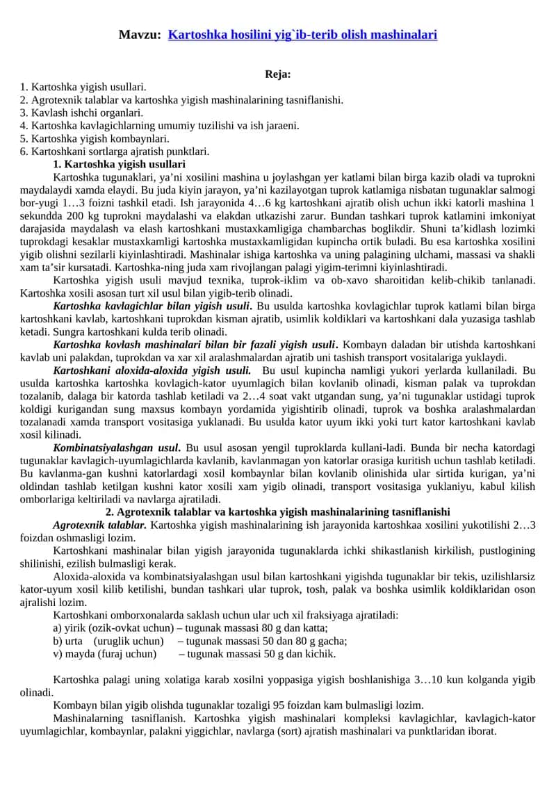 Kartoshka hosilini yig`ib-terib olish mashinalari 1