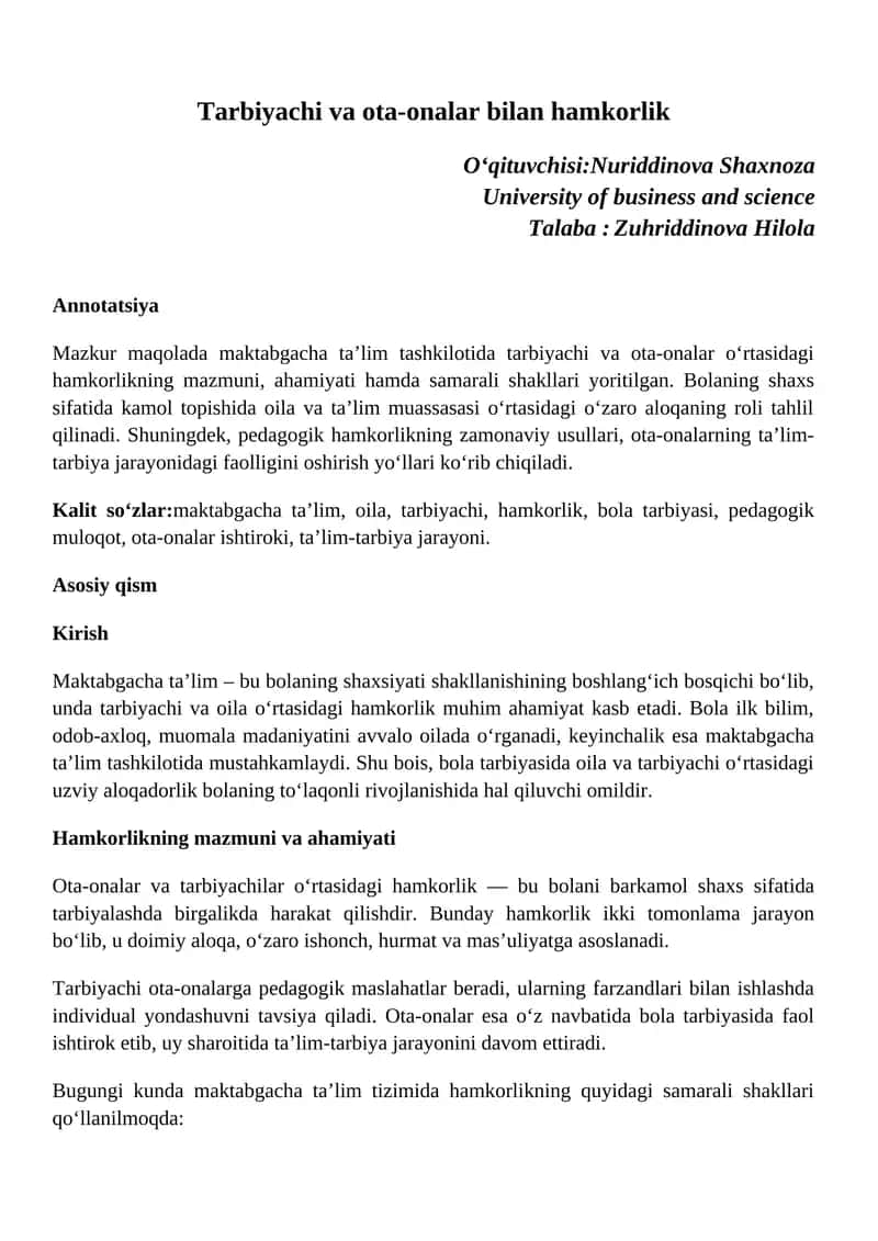 Maktabgacha ta'limda tarbiyachi va ota-onalar hamkorligi 1