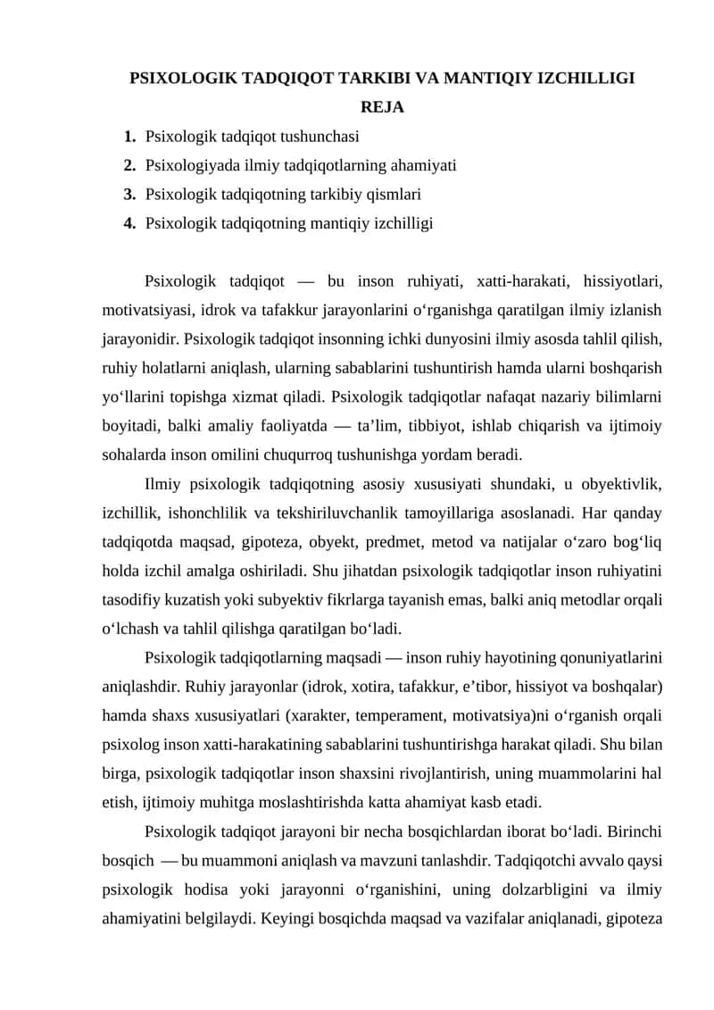 PSIXOLOGIK TADQIQOT TARKIBI VA MANTIQIY IZCHILLIGI 1