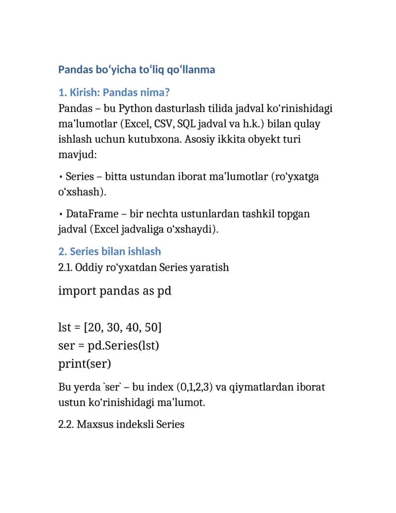 Pandas bo‘yicha to‘liq qo‘llanma 1
