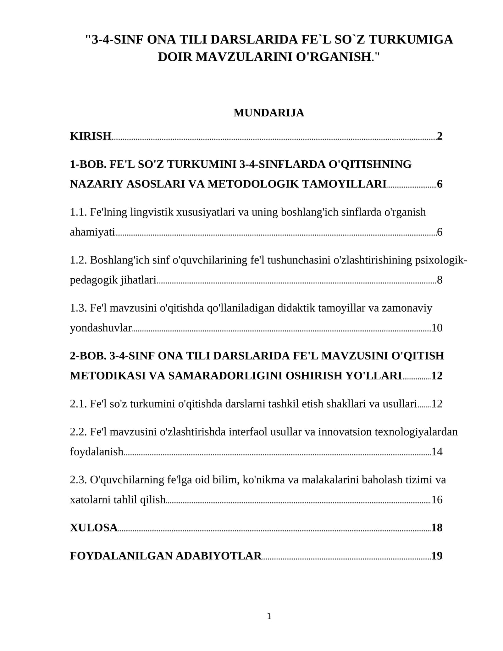 3-4-SINF ONA TILI DARSLARIDA FE`L SO`Z TURKUMIGA DOIR MAVZULARINI O'RGANISH 1