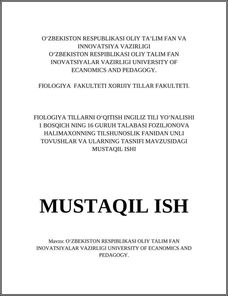 O‘zbekiston Respublikasi Oliy Ta’lim Fan va Innovatsiya Vazirligi University of Economics and Pedagogy 1