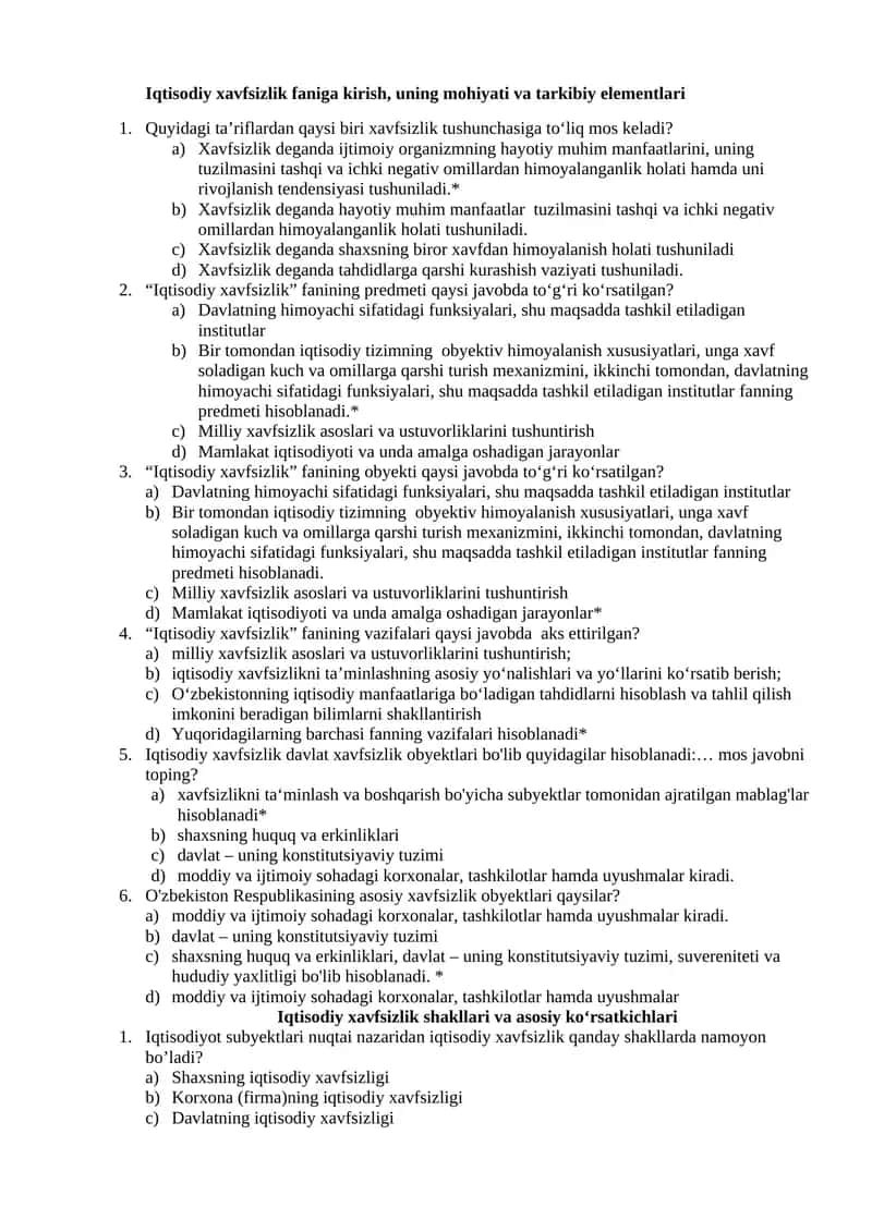Iqtisodiy xavfsizlik faniga kirish, uning mohiyati va tarkibiy elementlari 1