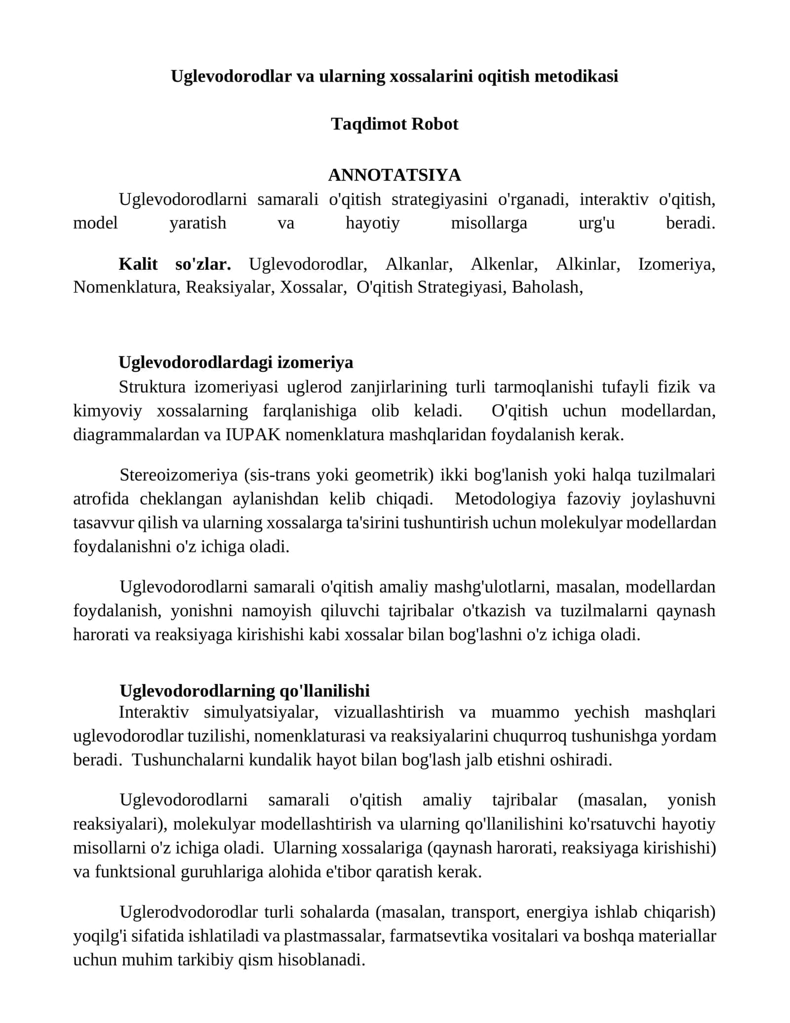Uglevodorodlar va ularning xossalarini oqitish metodikasi 1