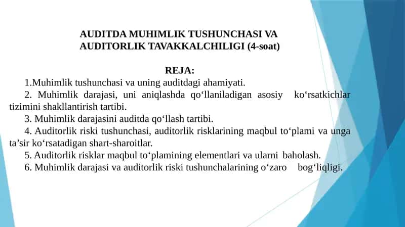 AUDITDA MUHIMLIK TUSHUNCHASI VA AUDITORLIK TAVAKKALCHILIGI 1
