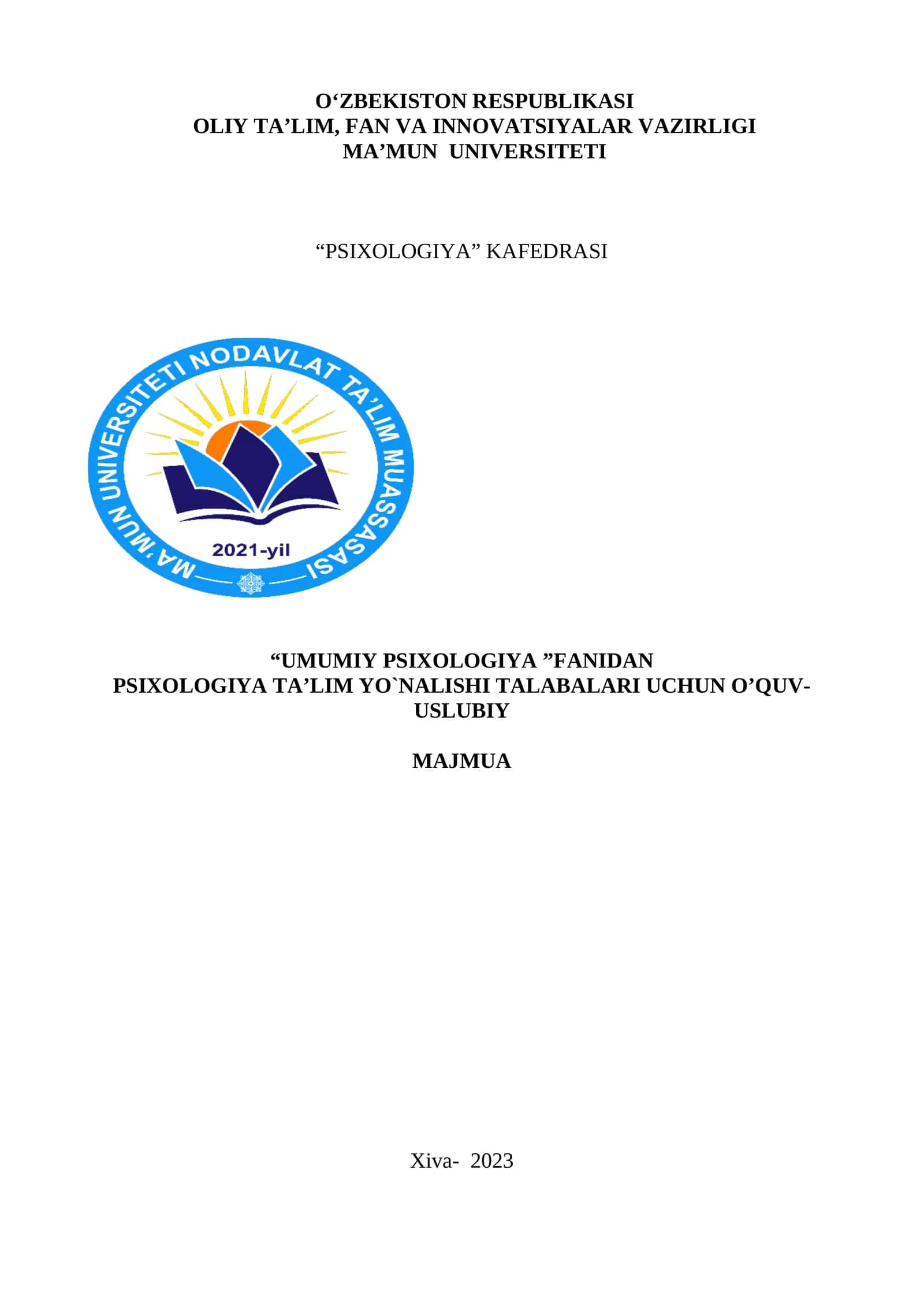 Psixologiya Ta'lim Yo`nalishi Talabalari Uchun O’quv-Uslubiy Majmua 1