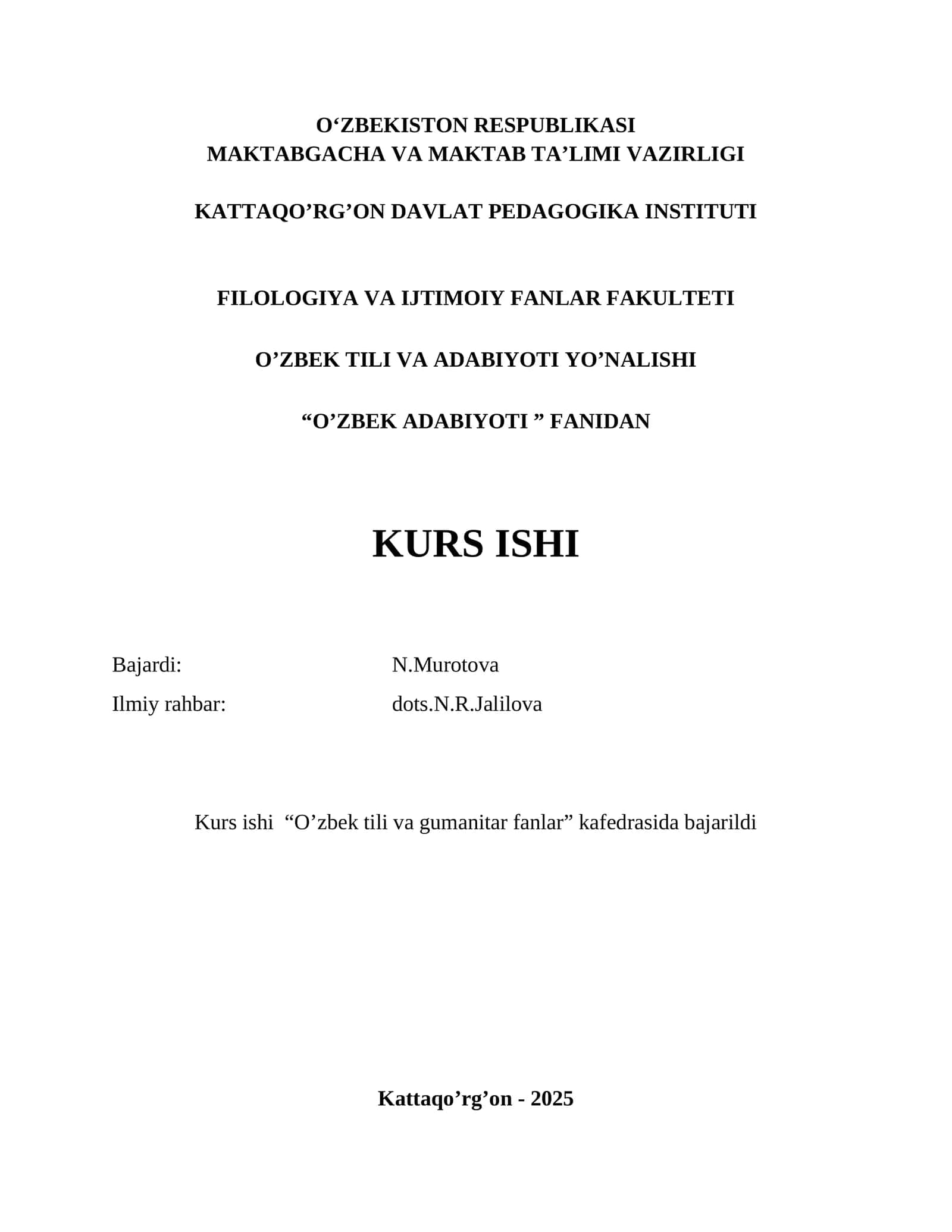 O‘ZBEK ADABIYOTI FANIDAN KURS ISHI 1