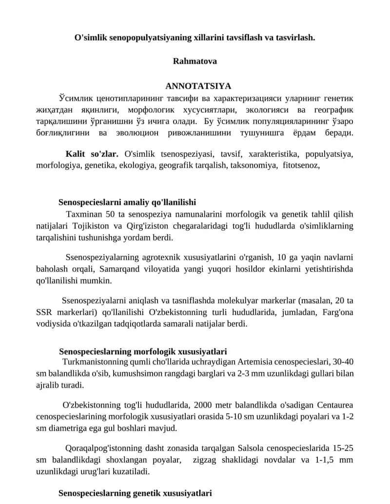 O'simlik senopopulyatsiyaning xillarini tavsiflash va tasvirlash 1