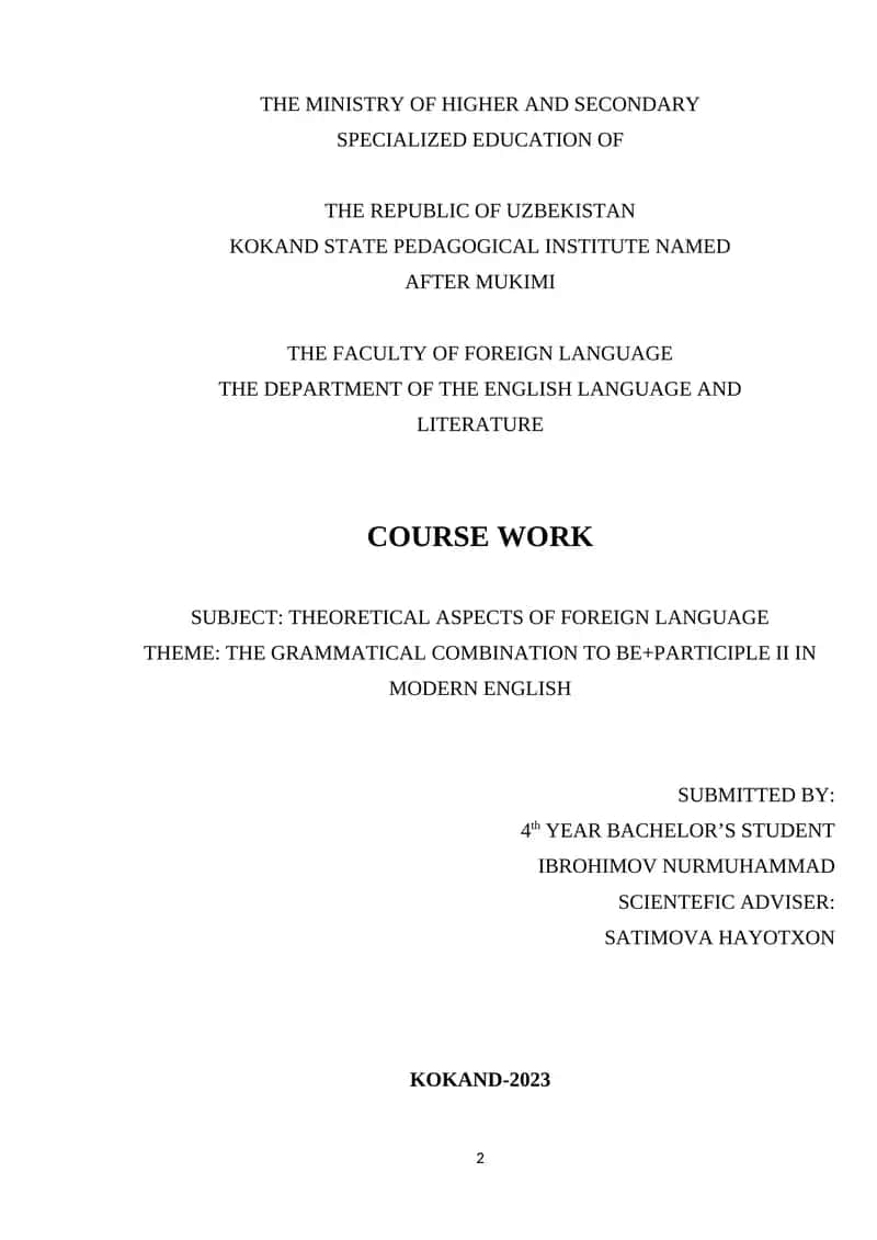THE GRAMMATICAL COMBINATION TO BE+PARTICIPLE II IN MODERN ENGLISH 1
