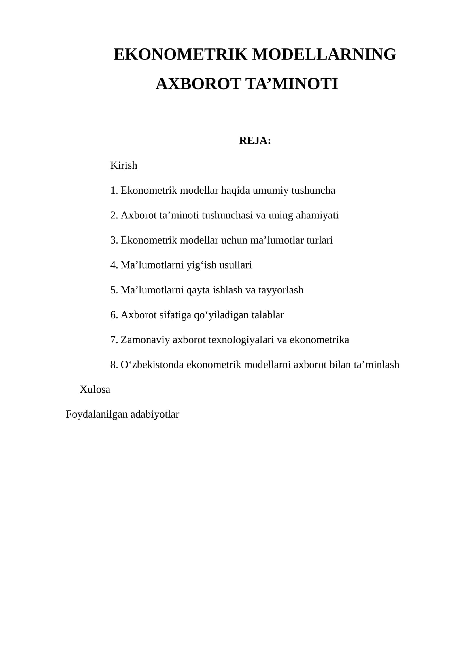 EKONOMETRIK MODELLARNING AXBOROT TA’MINOTI 1
