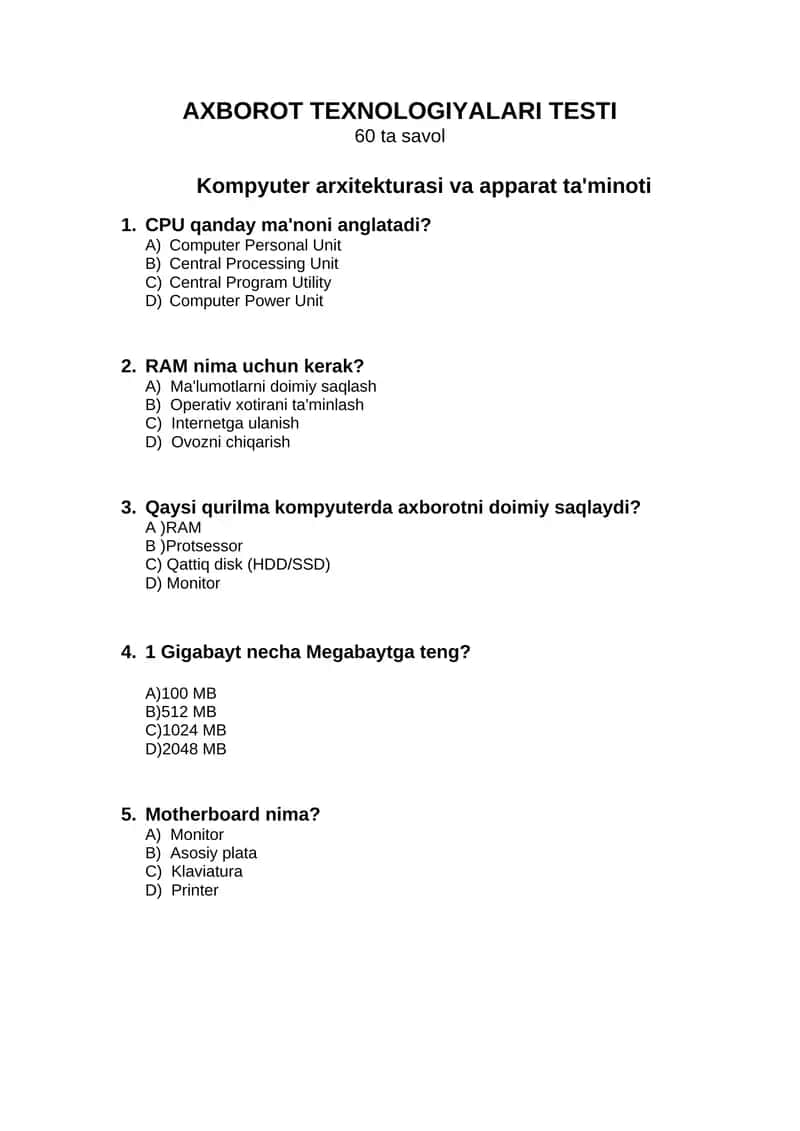 Axborot Texnologiyalari Testi 1