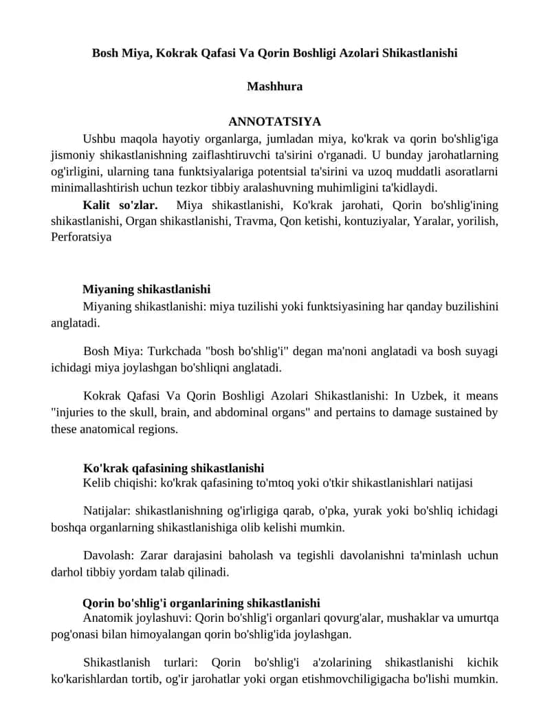 Bosh Miya, Kokrak Qafasi Va Qorin Boshligi Azolari Shikastlanishi 1