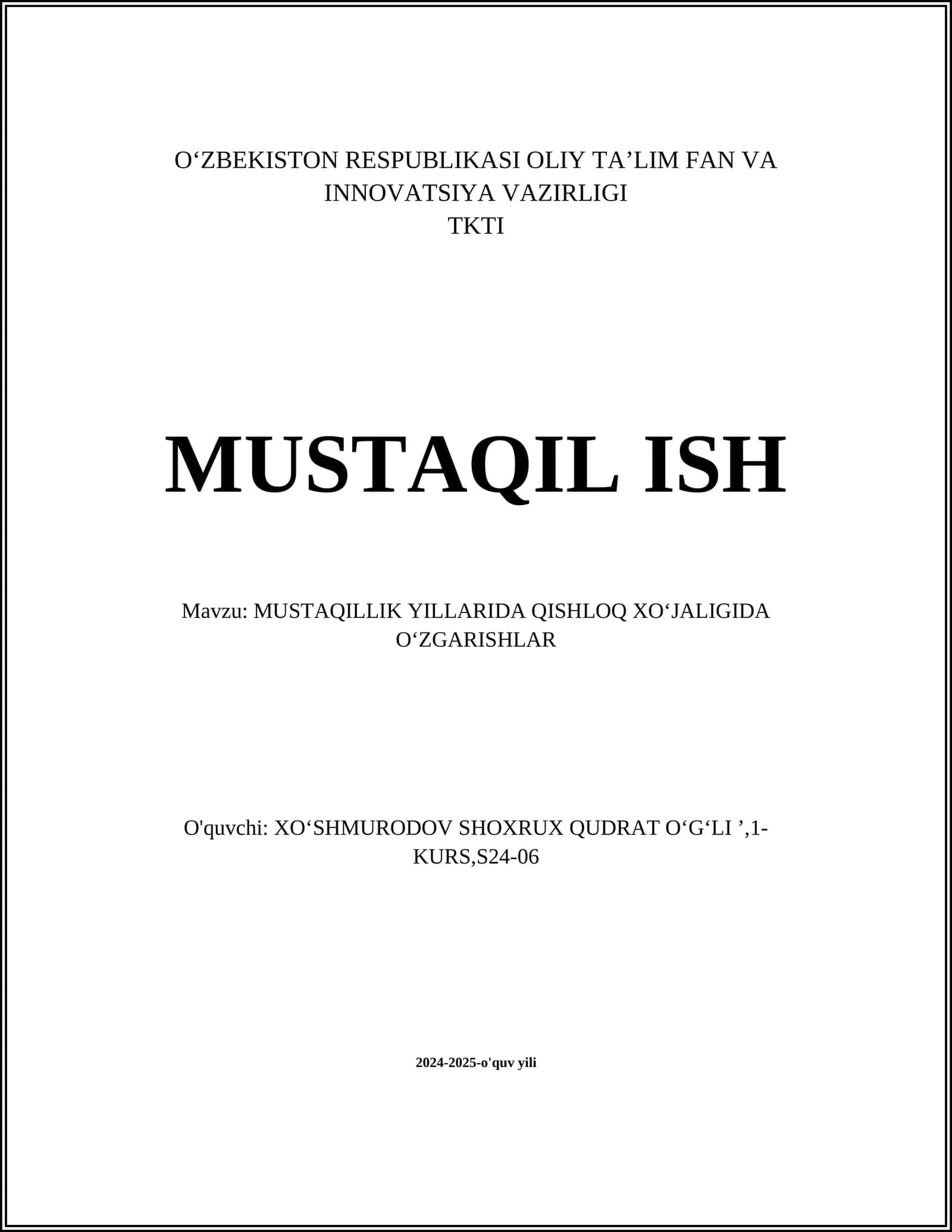 MUSTAQILLIK YILLARIDA QISHLOQ XOʻJALIGIDA OʻZGARISHLAR 1
