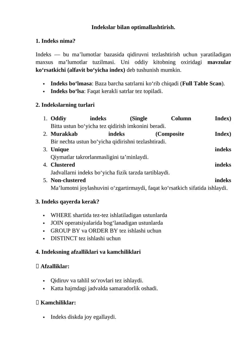 Indekslar bilan optimallashtirish. 1